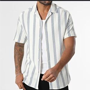 Larsson & Co. Shirt - cream/blue stripe 100% cotton Cuban style collar